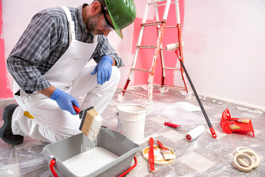 Caucasian house painter worker in white overalls, with helmet and goggles he prepares the white paint to paint the pink wall. Construction industry. Work safety.