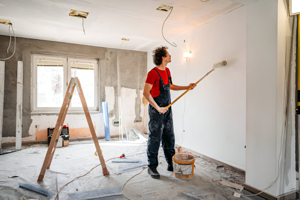 Young man painting apartment walls and renovating apartment.