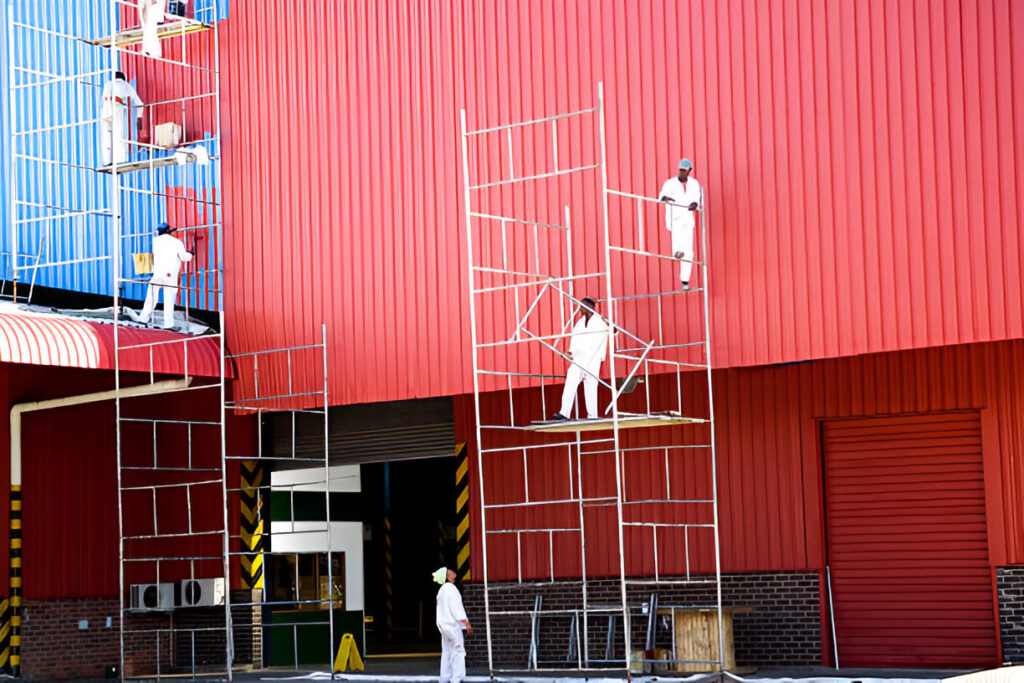 Workers in white uniforms painting a large industrial building red, using scaffolding and various tools, under bright daylight