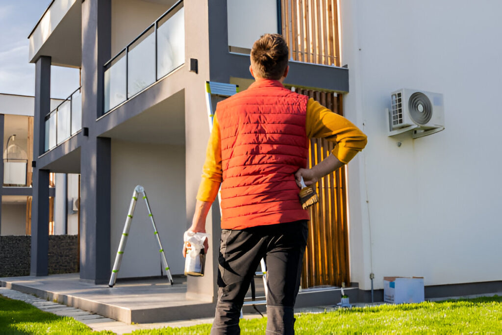 Rear view of man with paintbrush and paintcan looking at apartment from yard during sunny day