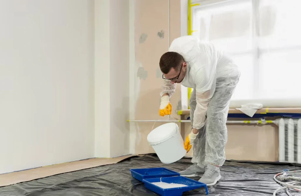 A painting contractor pours paint into a tray while wearing full protective gear. This highlights the safety-first and professional approach of top painting contractors in Dubai.