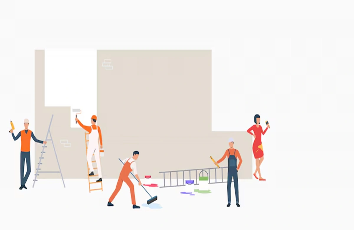 Illustrated painters work together on a large wall. This visual represents professional interior painting in Dubai projects handled by skilled teams for residential and commercial spaces.