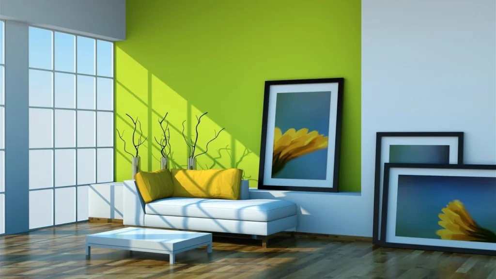 Bright modern interior house painting in Dubai featuring a lime green accent wall, white sofa, and decorative wall art.