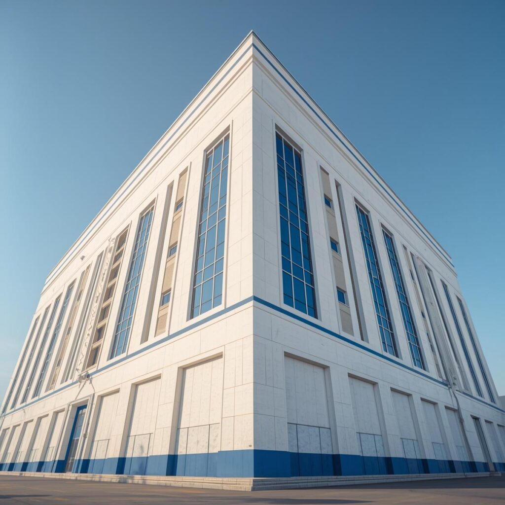 Commercial building painting in Dubai — freshly painted white and blue facade by Service Hub